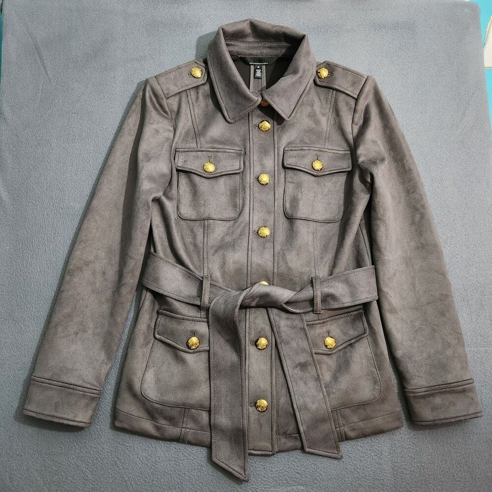 WHBM Safari Jacket Women M Gray Ultra Suede Military Style Gold Button Belted